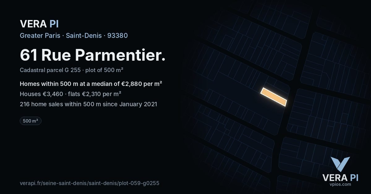 61 Rue Parmentier, Saint-Denis at night – the plot lit, the parcels around coloured by the prices near them