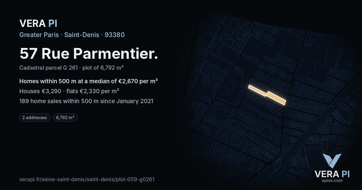 57 Rue Parmentier, Saint-Denis at night – the plot lit, the parcels around coloured by the prices near them