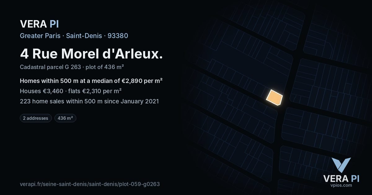 4 Rue Morel d'Arleux, Saint-Denis at night – the plot lit, the parcels around coloured by the prices near them