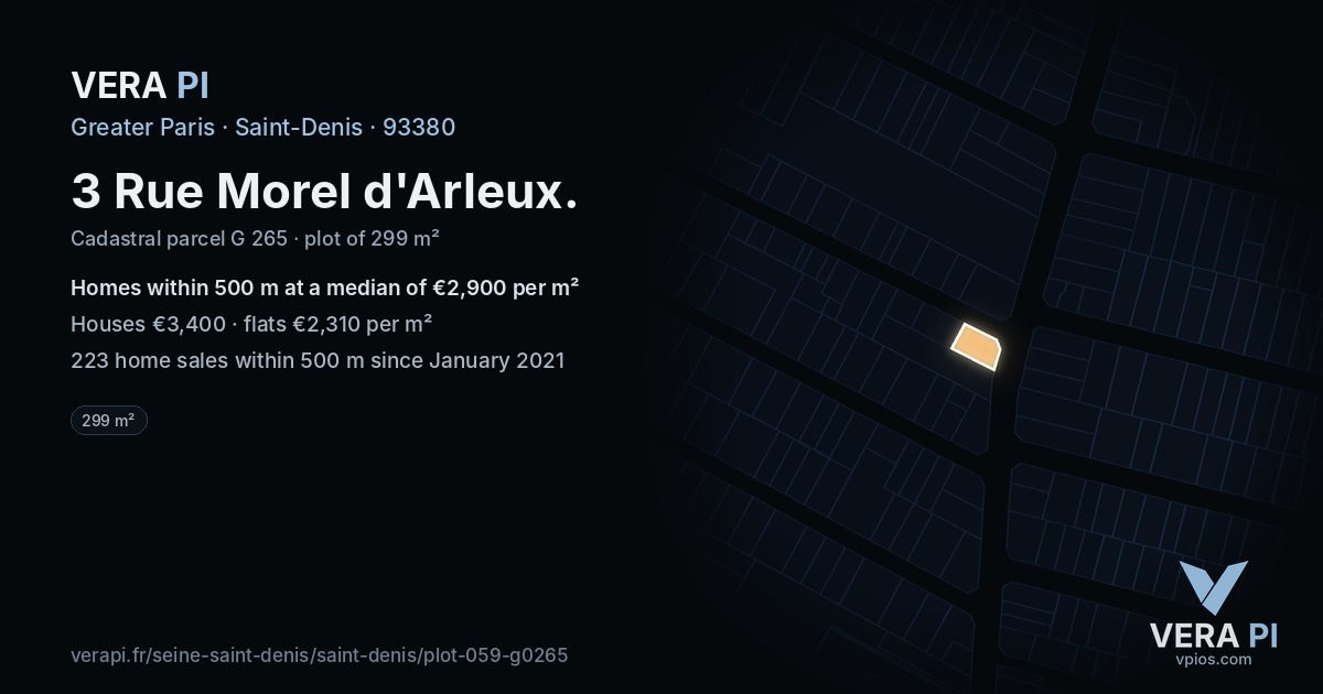 3 Rue Morel d'Arleux, Saint-Denis at night – the plot lit, the parcels around coloured by the prices near them