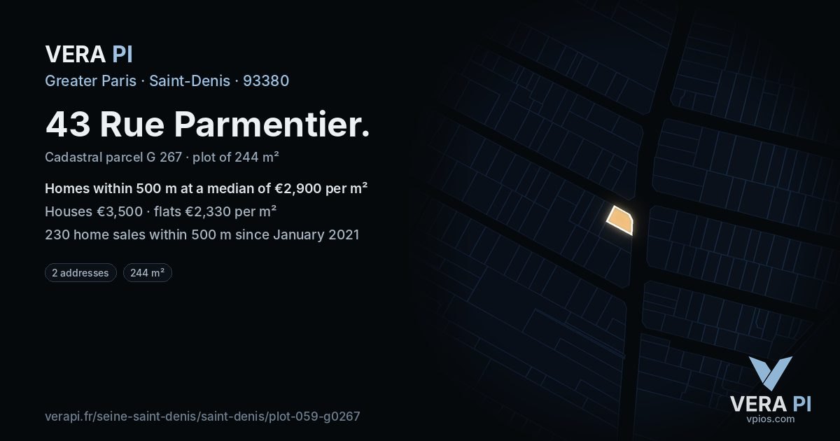 43 Rue Parmentier, Saint-Denis at night – the plot lit, the parcels around coloured by the prices near them