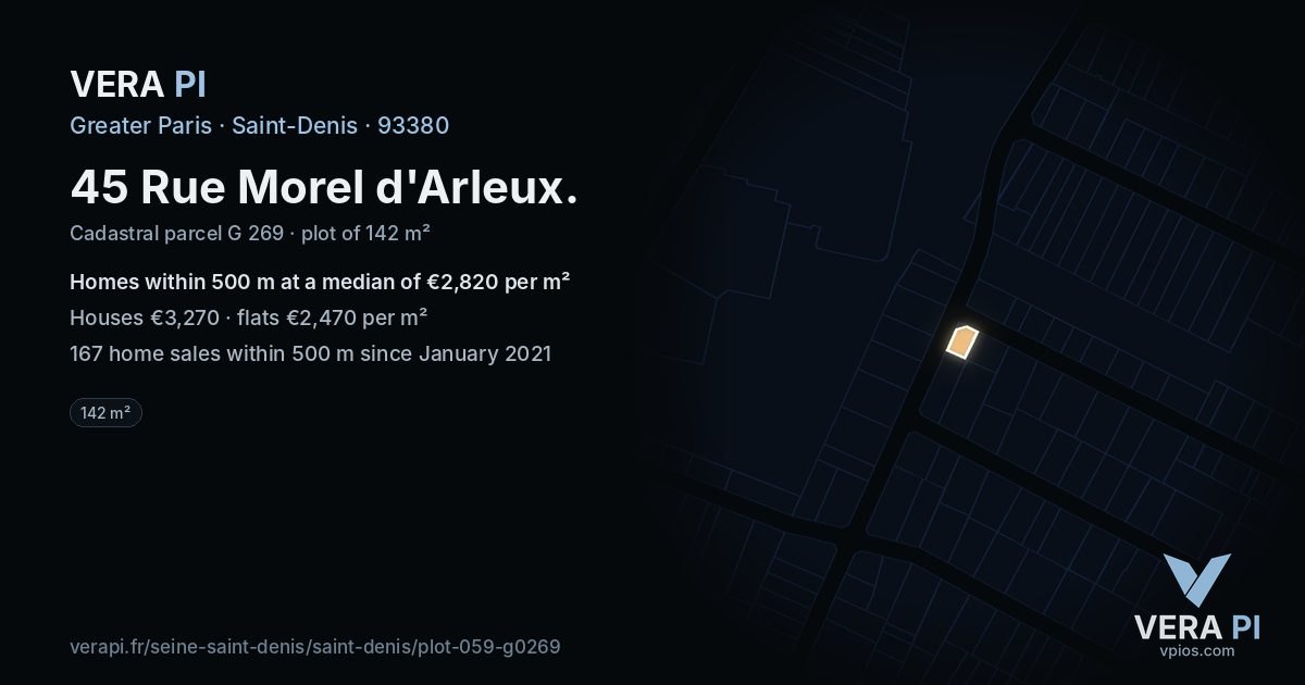45 Rue Morel d'Arleux, Saint-Denis at night – the plot lit, the parcels around coloured by the prices near them