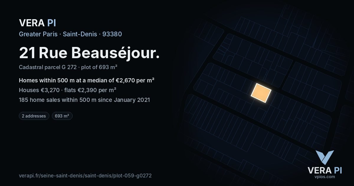 21 Rue Beauséjour, Saint-Denis at night – the plot lit, the parcels around coloured by the prices near them