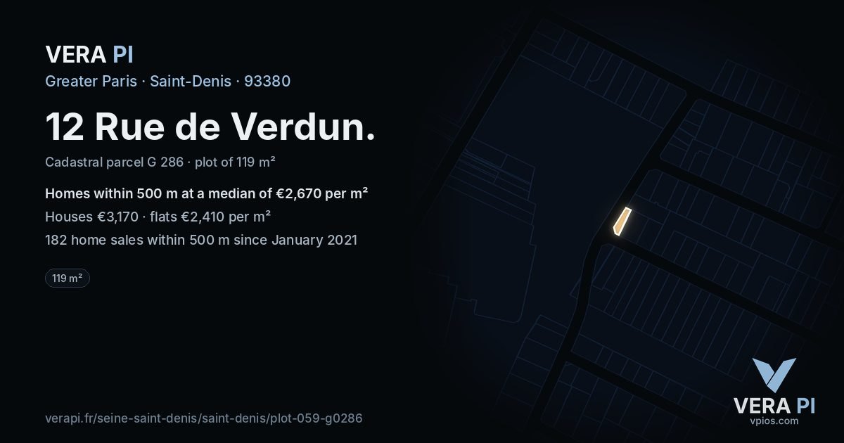 12 Rue de Verdun, Saint-Denis at night – the plot lit, the parcels around coloured by the prices near them