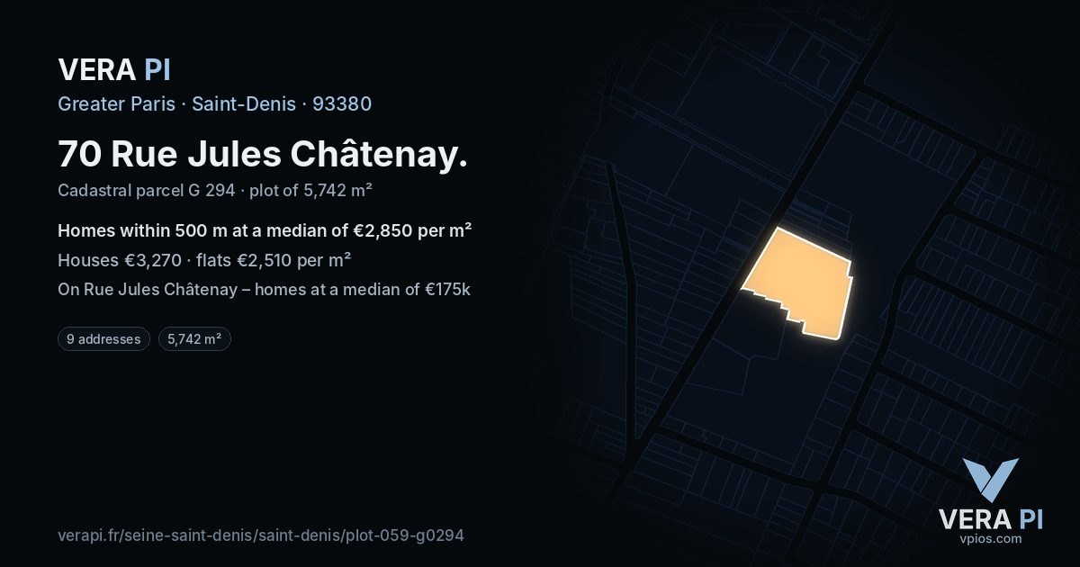 70 Rue Jules Châtenay, Saint-Denis at night – the plot lit, the parcels around coloured by the prices near them