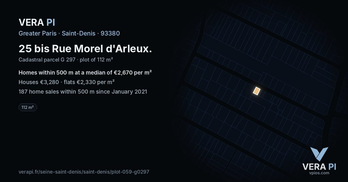 25 bis Rue Morel d'Arleux, Saint-Denis at night – the plot lit, the parcels around coloured by the prices near them