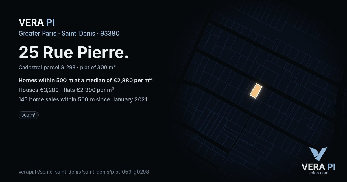 25 Rue Pierre, Saint-Denis at night – the plot lit, the parcels around coloured by the prices near them