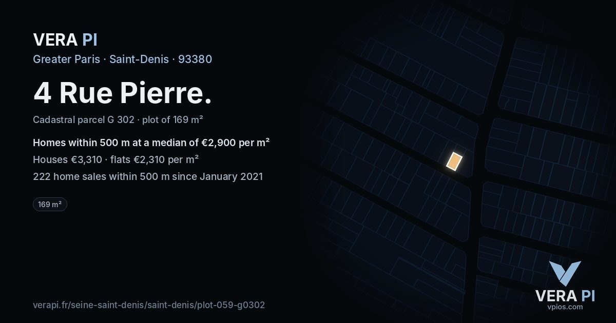 4 Rue Pierre, Saint-Denis at night – the plot lit, the parcels around coloured by the prices near them