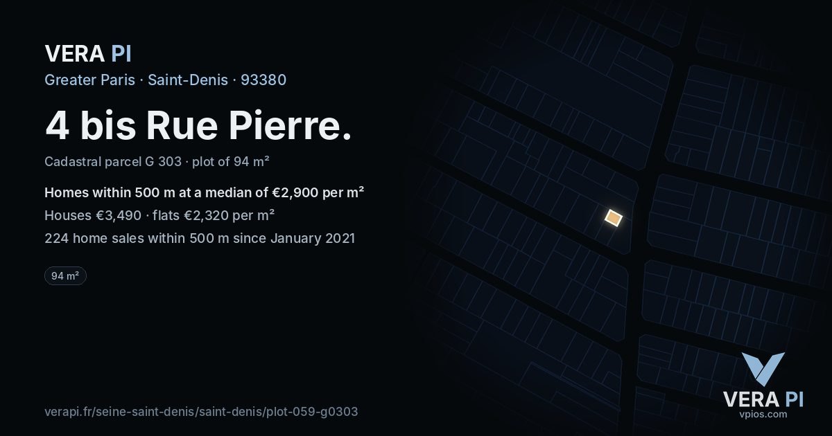 4 bis Rue Pierre, Saint-Denis at night – the plot lit, the parcels around coloured by the prices near them