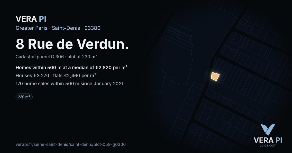 8 Rue de Verdun, Saint-Denis at night – the plot lit, the parcels around coloured by the prices near them