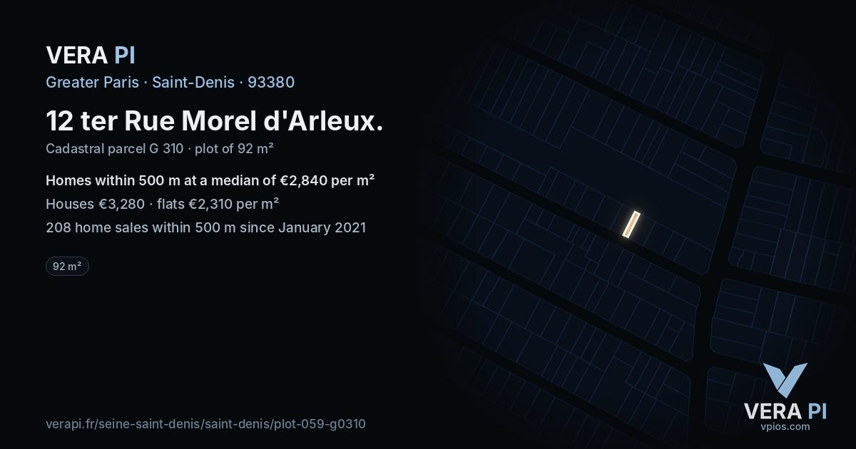 12 ter Rue Morel d'Arleux, Saint-Denis at night – the plot lit, the parcels around coloured by the prices near them