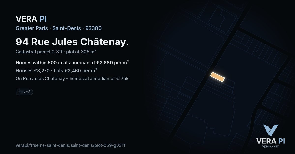 94 Rue Jules Châtenay, Saint-Denis at night – the plot lit, the parcels around coloured by the prices near them
