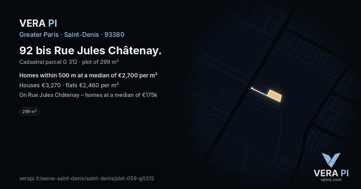 92 bis Rue Jules Châtenay, Saint-Denis at night – the plot lit, the parcels around coloured by the prices near them
