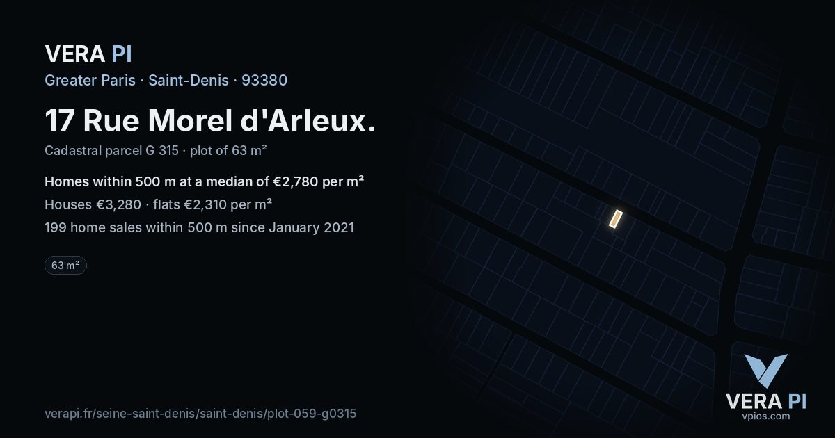17 Rue Morel d'Arleux, Saint-Denis at night – the plot lit, the parcels around coloured by the prices near them