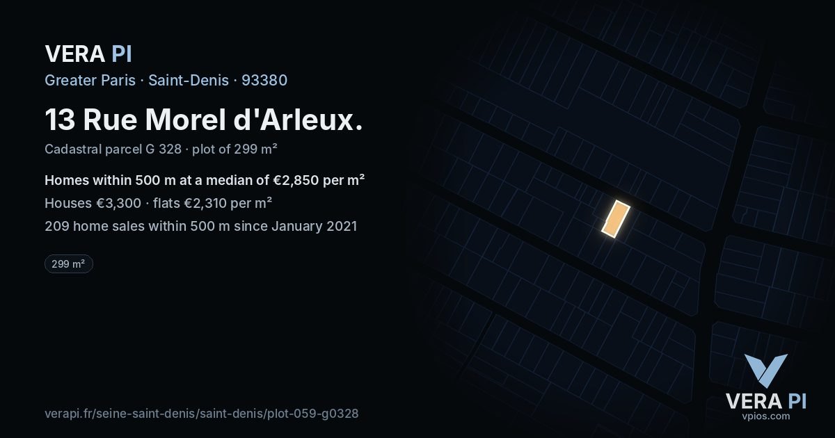 13 Rue Morel d'Arleux, Saint-Denis at night – the plot lit, the parcels around coloured by the prices near them