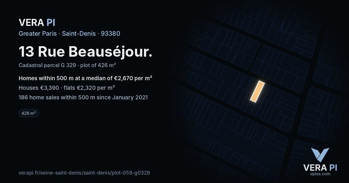 13 Rue Beauséjour, Saint-Denis at night – the plot lit, the parcels around coloured by the prices near them