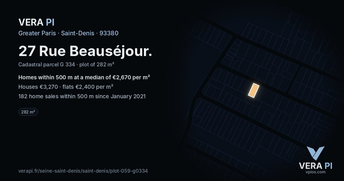 27 Rue Beauséjour, Saint-Denis at night – the plot lit, the parcels around coloured by the prices near them