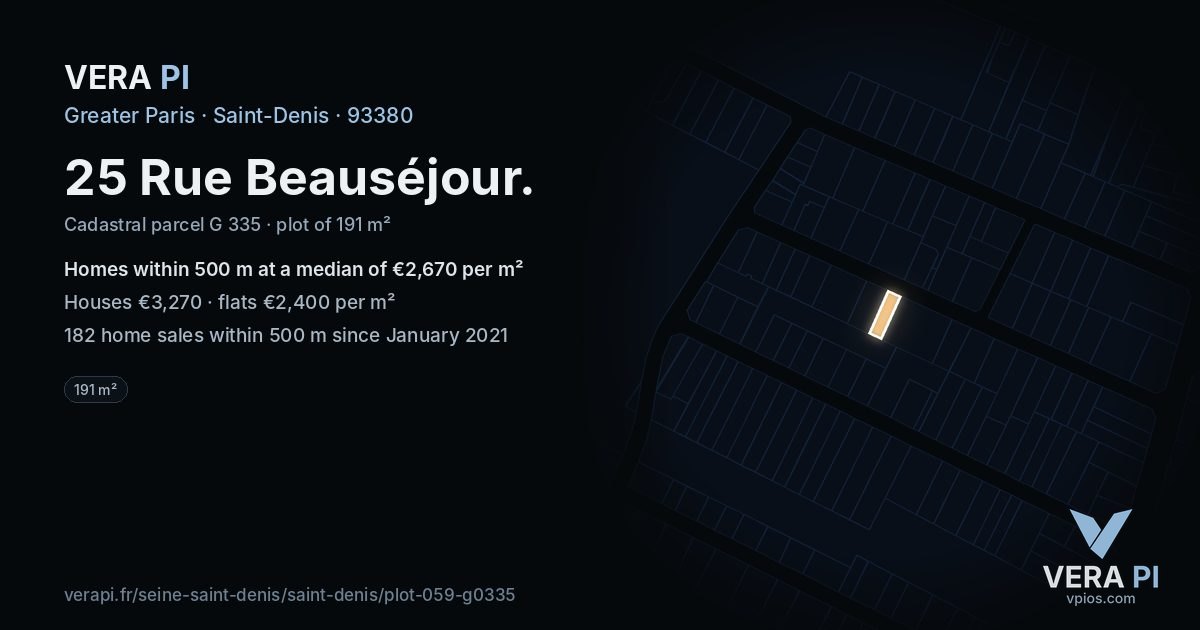 25 Rue Beauséjour, Saint-Denis at night – the plot lit, the parcels around coloured by the prices near them