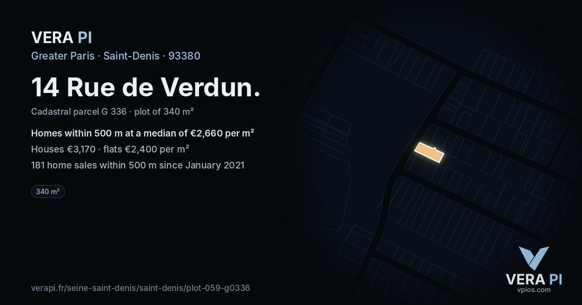 14 Rue de Verdun, Saint-Denis at night – the plot lit, the parcels around coloured by the prices near them