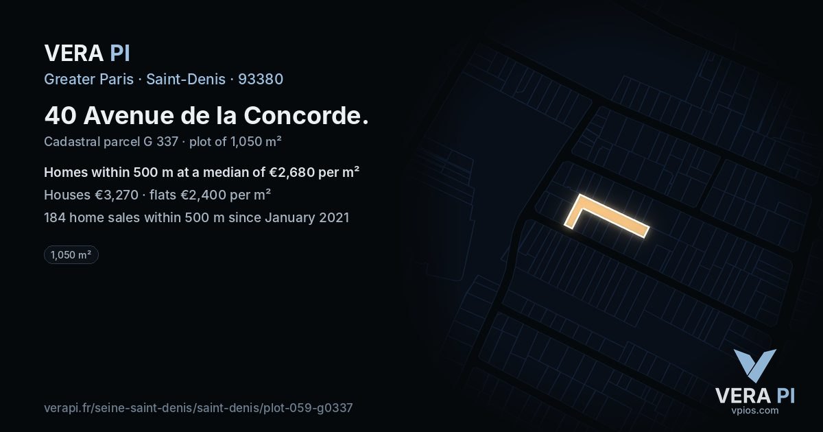 40 Avenue de la Concorde, Saint-Denis at night – the plot lit, the parcels around coloured by the prices near them