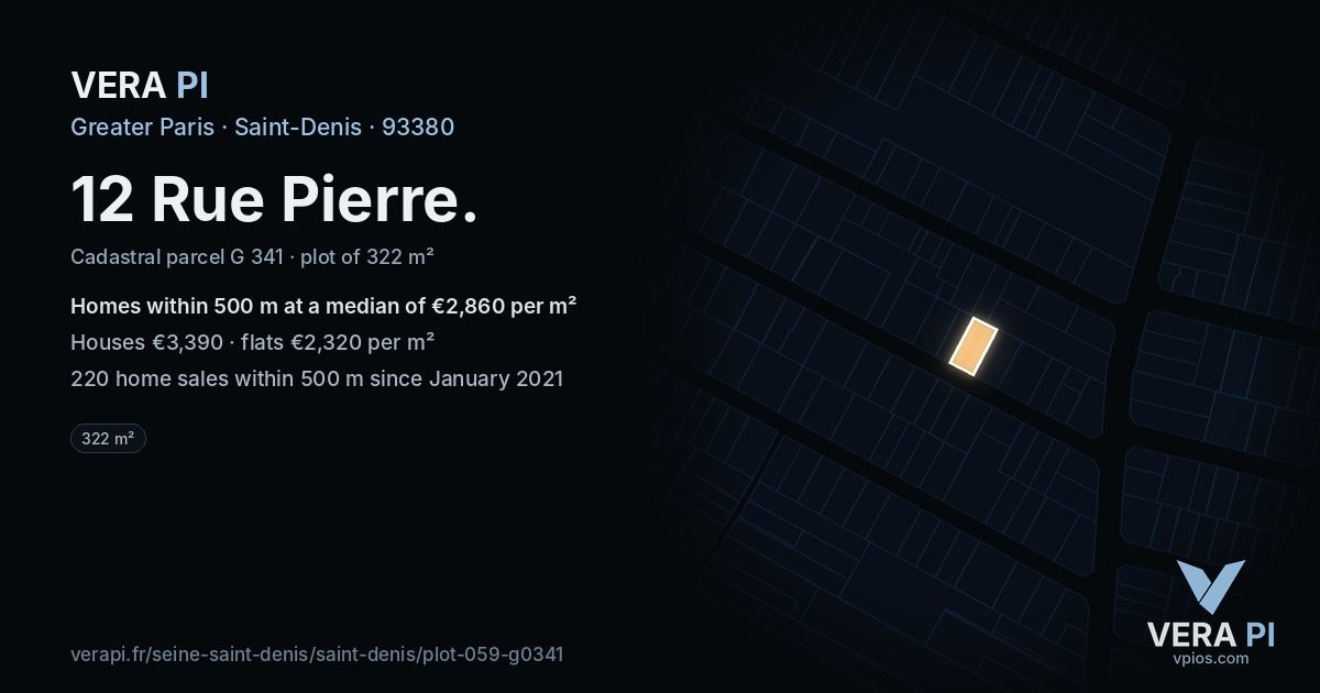 12 Rue Pierre, Saint-Denis at night – the plot lit, the parcels around coloured by the prices near them