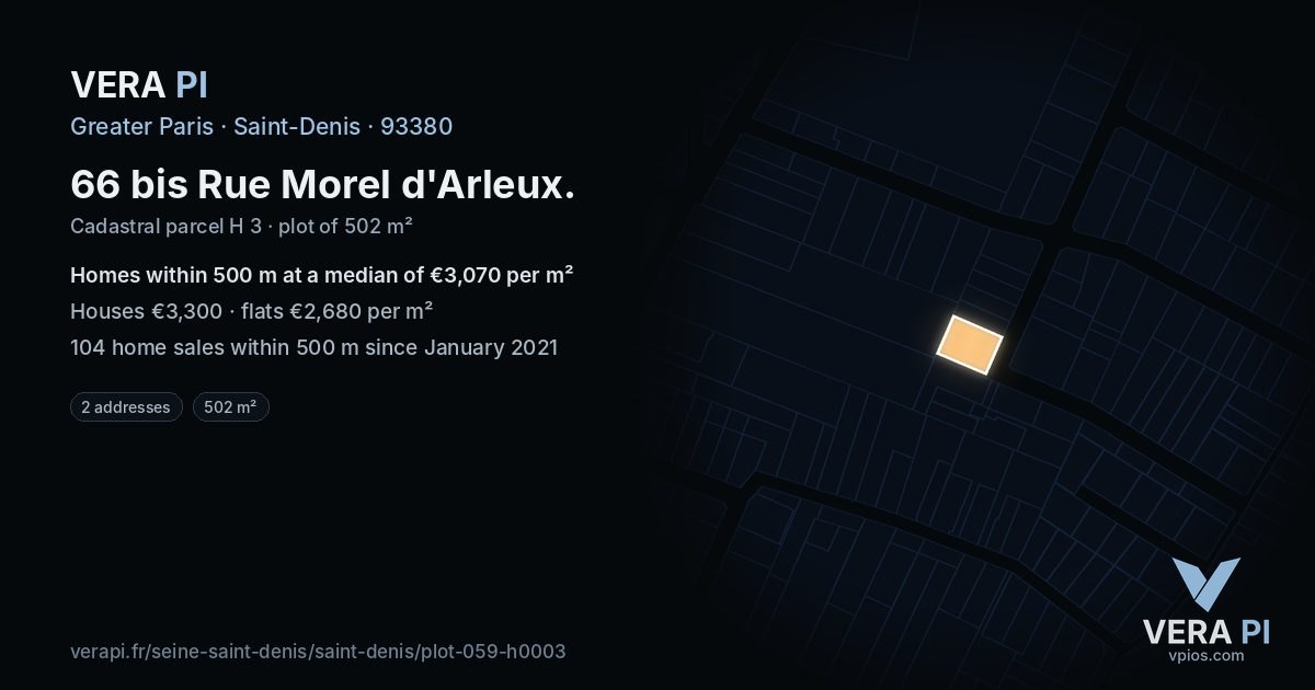 66 bis Rue Morel d'Arleux, Saint-Denis at night – the plot lit, the parcels around coloured by the prices near them