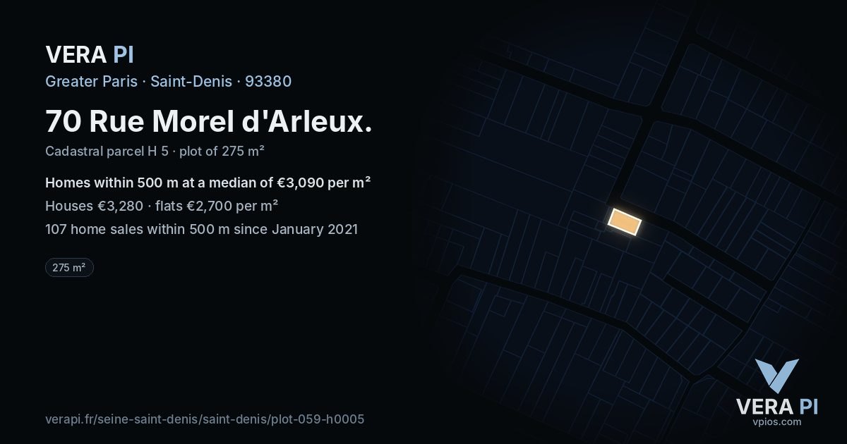 70 Rue Morel d'Arleux, Saint-Denis at night – the plot lit, the parcels around coloured by the prices near them