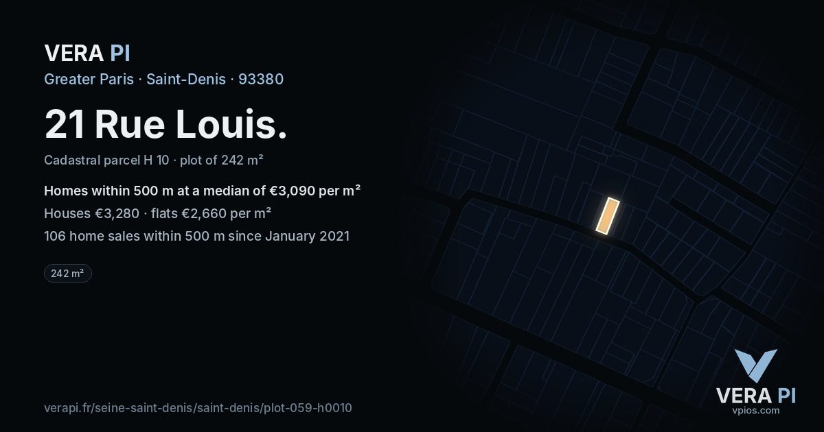 21 Rue Louis, Saint-Denis at night – the plot lit, the parcels around coloured by the prices near them