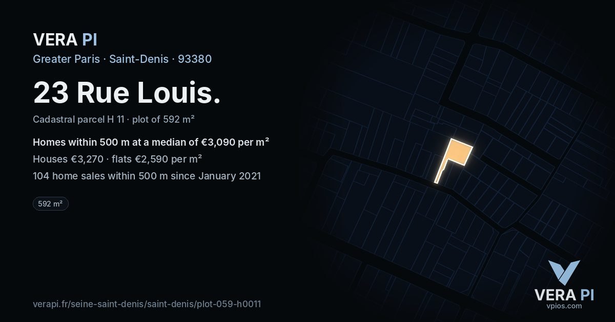 23 Rue Louis, Saint-Denis at night – the plot lit, the parcels around coloured by the prices near them
