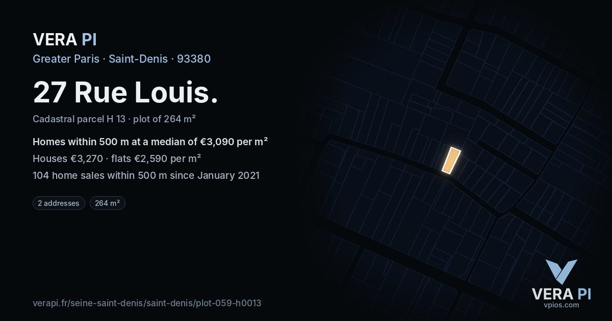 27 Rue Louis, Saint-Denis at night – the plot lit, the parcels around coloured by the prices near them