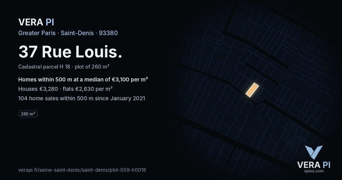 37 Rue Louis, Saint-Denis at night – the plot lit, the parcels around coloured by the prices near them