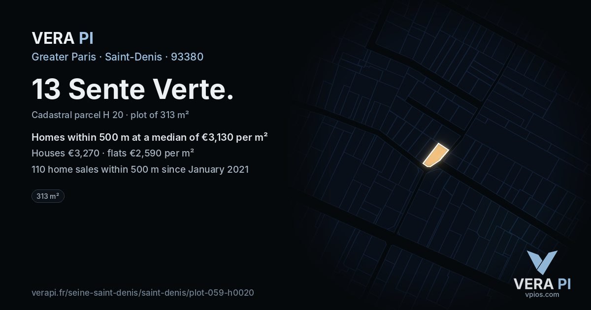 13 Sente Verte, Saint-Denis at night – the plot lit, the parcels around coloured by the prices near them