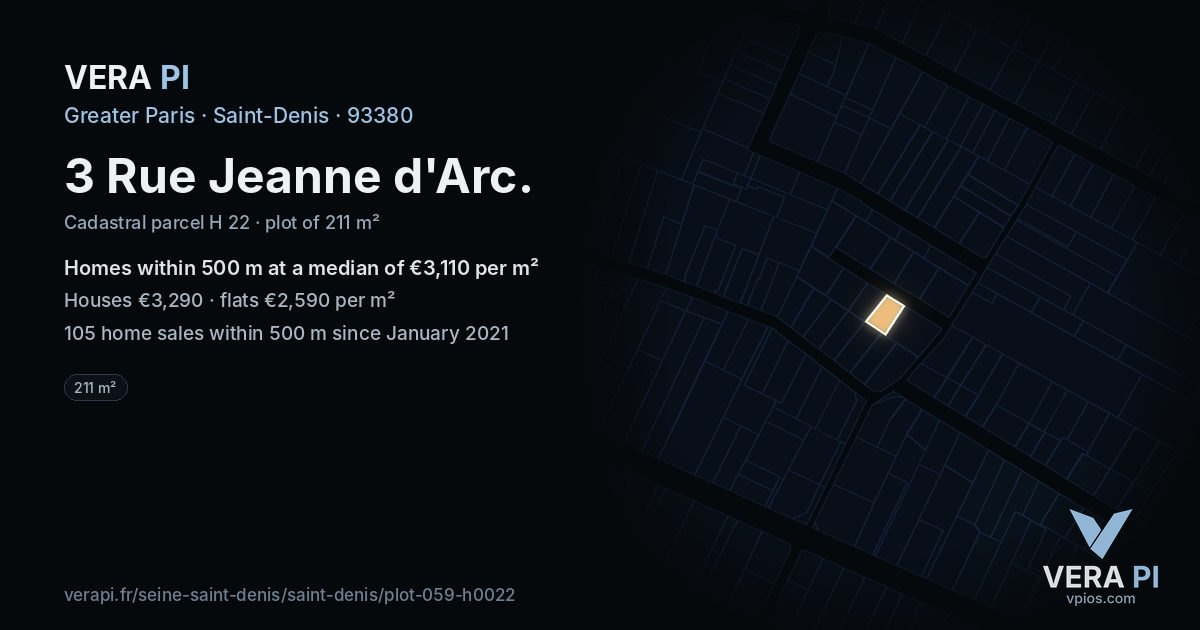 3 Rue Jeanne d'Arc, Saint-Denis at night – the plot lit, the parcels around coloured by the prices near them