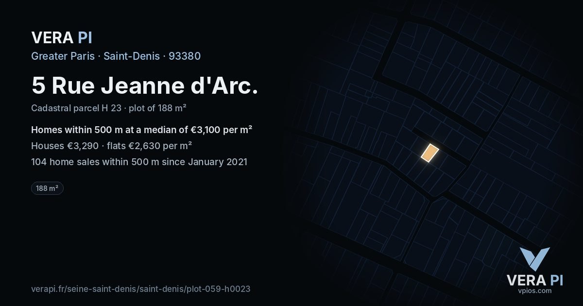 5 Rue Jeanne d'Arc, Saint-Denis at night – the plot lit, the parcels around coloured by the prices near them