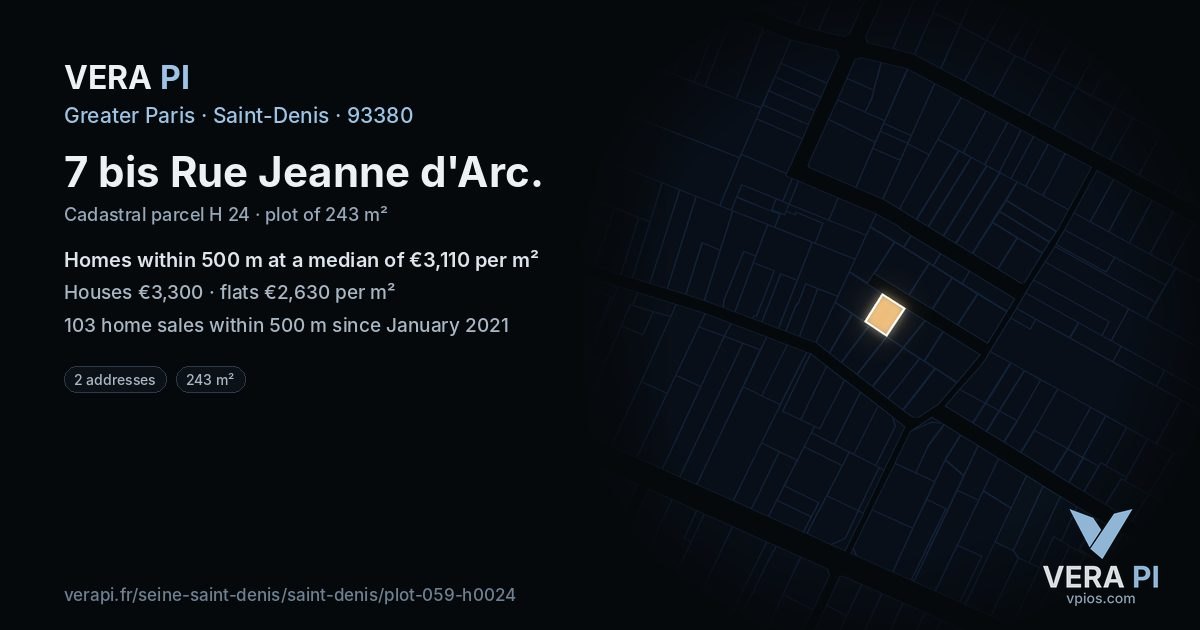 7 bis Rue Jeanne d'Arc, Saint-Denis at night – the plot lit, the parcels around coloured by the prices near them