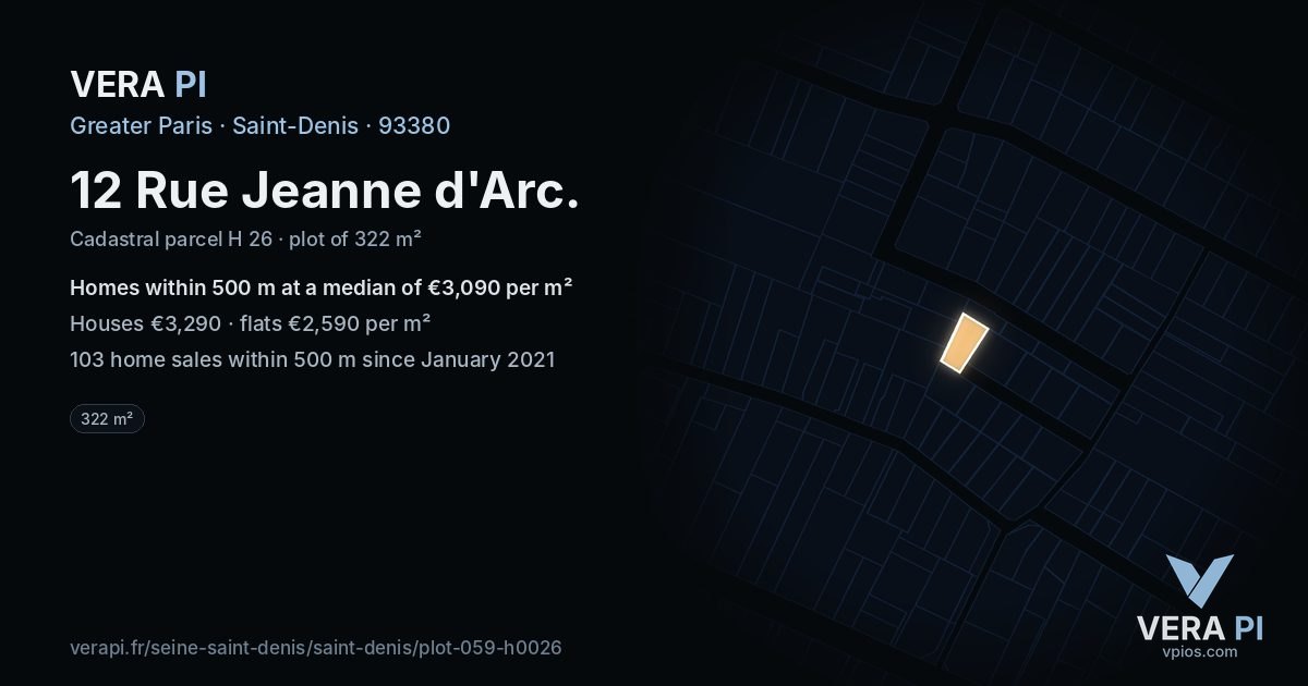 12 Rue Jeanne d'Arc, Saint-Denis at night – the plot lit, the parcels around coloured by the prices near them