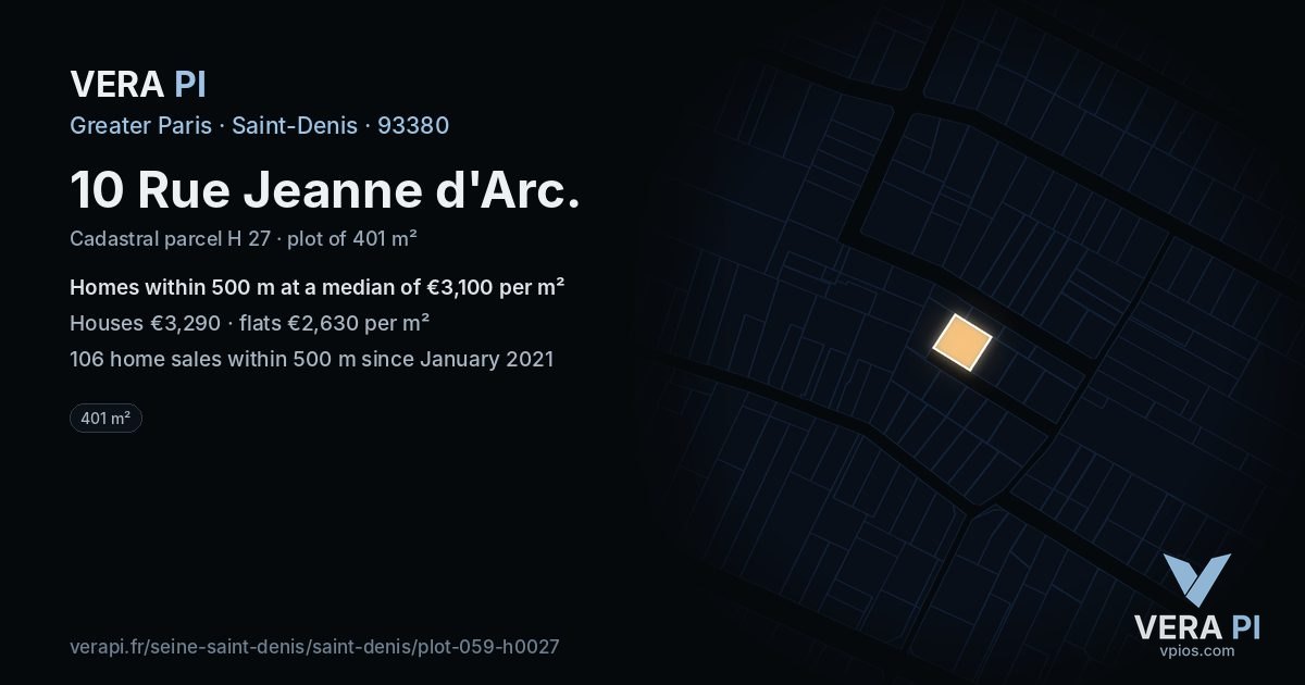 10 Rue Jeanne d'Arc, Saint-Denis at night – the plot lit, the parcels around coloured by the prices near them