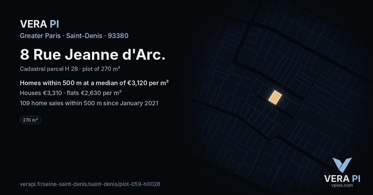 8 Rue Jeanne d'Arc, Saint-Denis at night – the plot lit, the parcels around coloured by the prices near them
