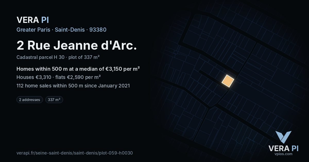 2 Rue Jeanne d'Arc, Saint-Denis at night – the plot lit, the parcels around coloured by the prices near them