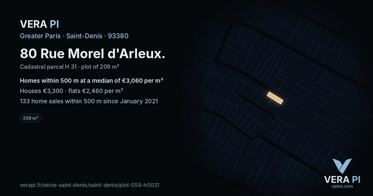 80 Rue Morel d'Arleux, Saint-Denis at night – the plot lit, the parcels around coloured by the prices near them