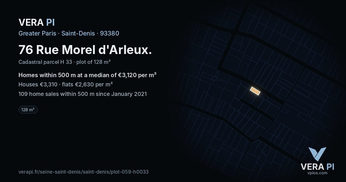 76 Rue Morel d'Arleux, Saint-Denis at night – the plot lit, the parcels around coloured by the prices near them
