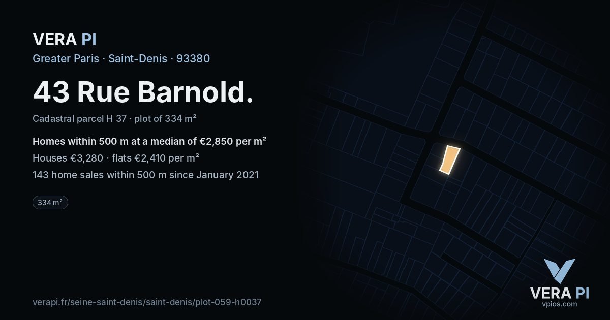 43 Rue Barnold, Saint-Denis at night – the plot lit, the parcels around coloured by the prices near them