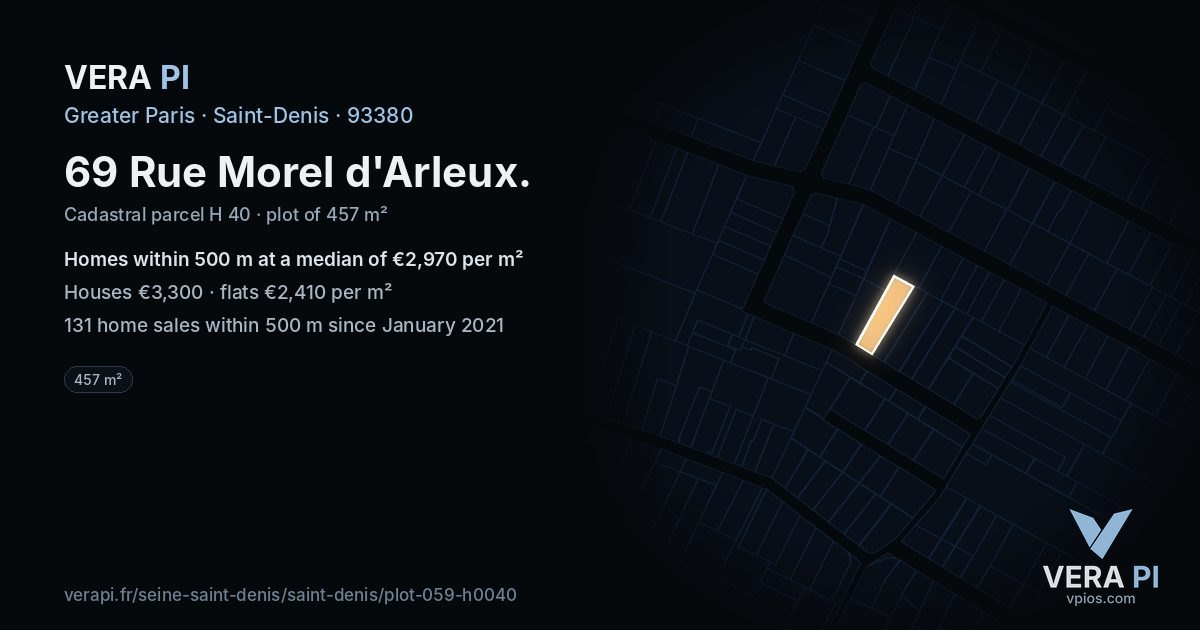 69 Rue Morel d'Arleux, Saint-Denis at night – the plot lit, the parcels around coloured by the prices near them