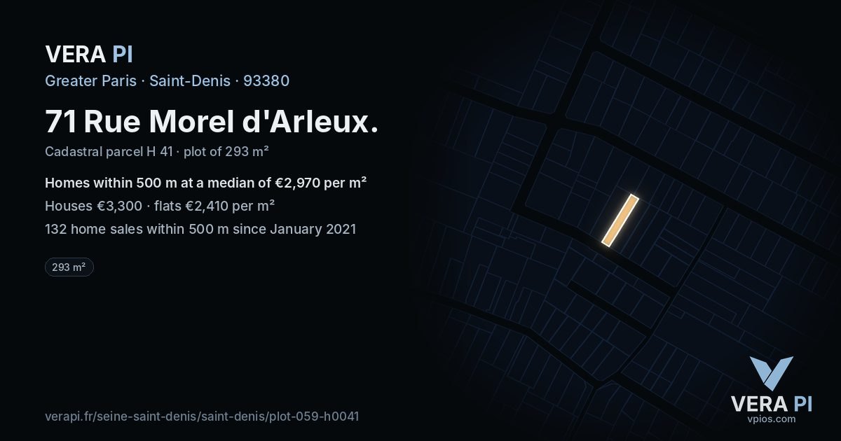 71 Rue Morel d'Arleux, Saint-Denis at night – the plot lit, the parcels around coloured by the prices near them