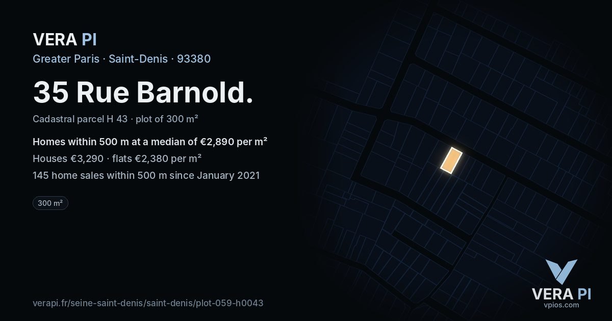 35 Rue Barnold, Saint-Denis at night – the plot lit, the parcels around coloured by the prices near them