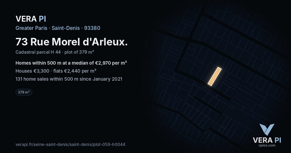 73 Rue Morel d'Arleux, Saint-Denis at night – the plot lit, the parcels around coloured by the prices near them
