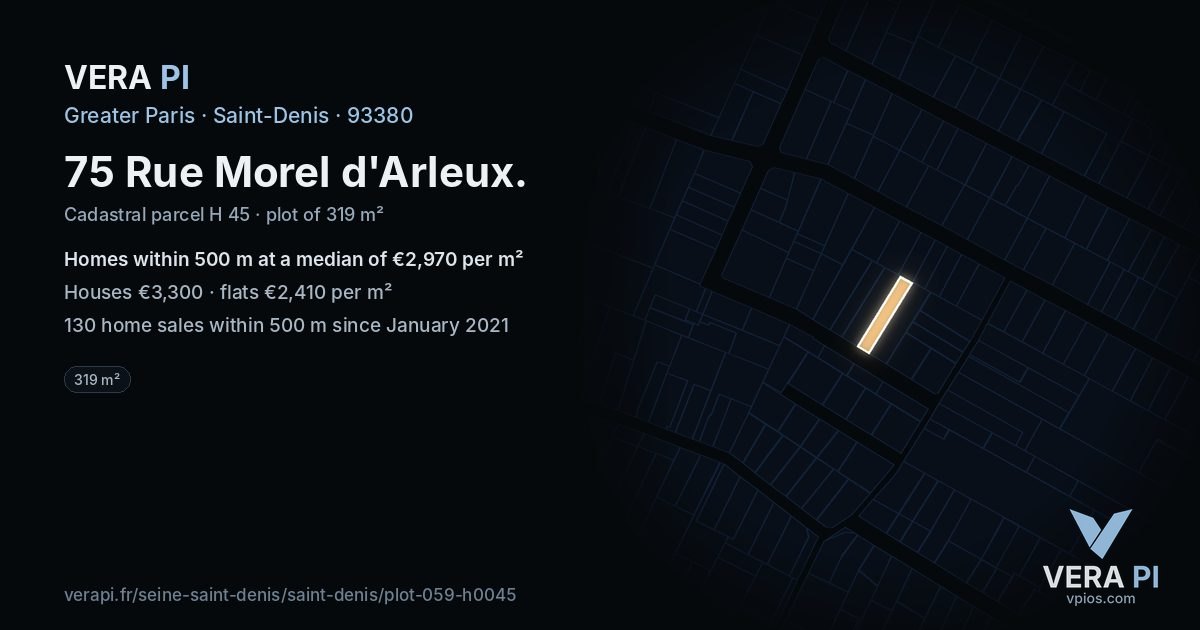 75 Rue Morel d'Arleux, Saint-Denis at night – the plot lit, the parcels around coloured by the prices near them