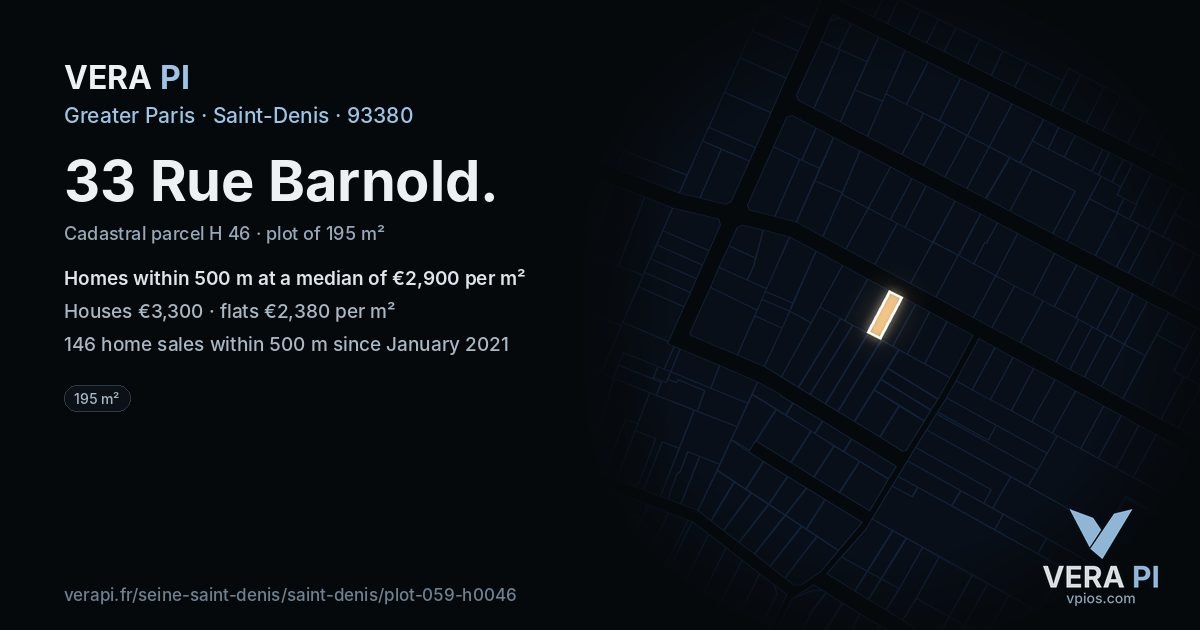 33 Rue Barnold, Saint-Denis at night – the plot lit, the parcels around coloured by the prices near them