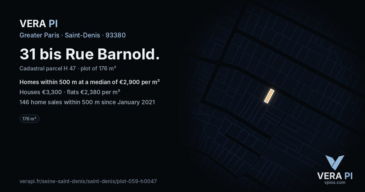 31 bis Rue Barnold, Saint-Denis at night – the plot lit, the parcels around coloured by the prices near them