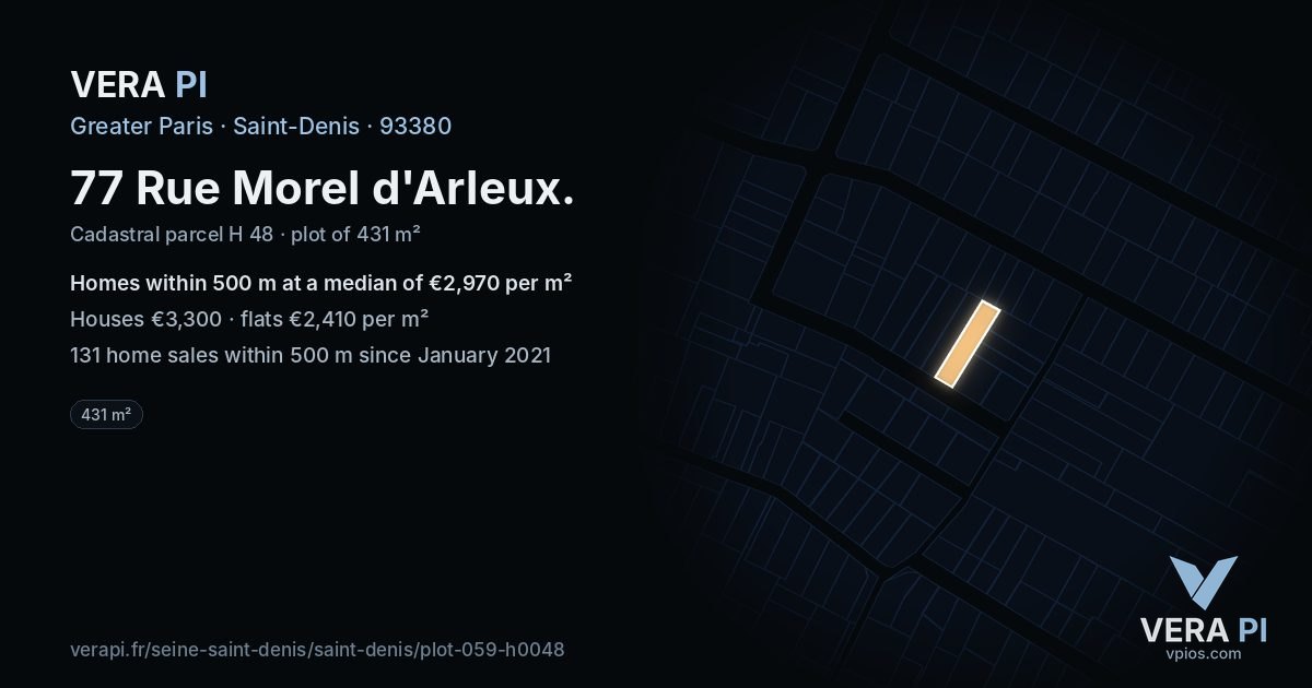 77 Rue Morel d'Arleux, Saint-Denis at night – the plot lit, the parcels around coloured by the prices near them